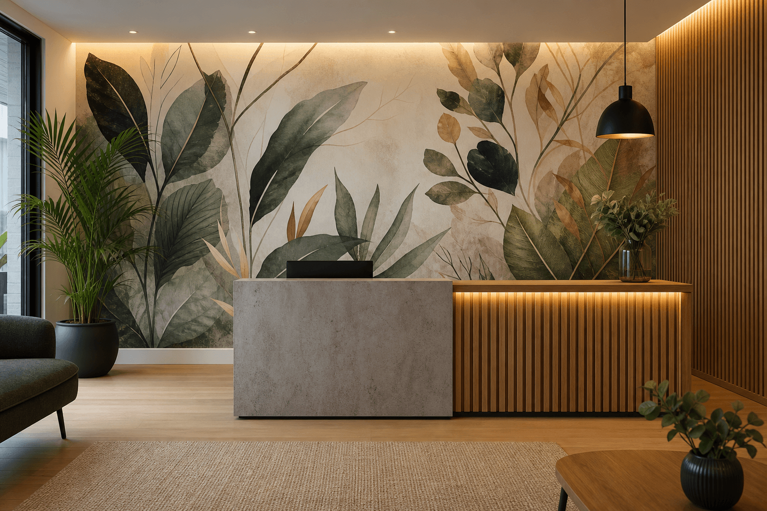 Botanical leaf mural filling a reception wall behind a stone and timber front desk