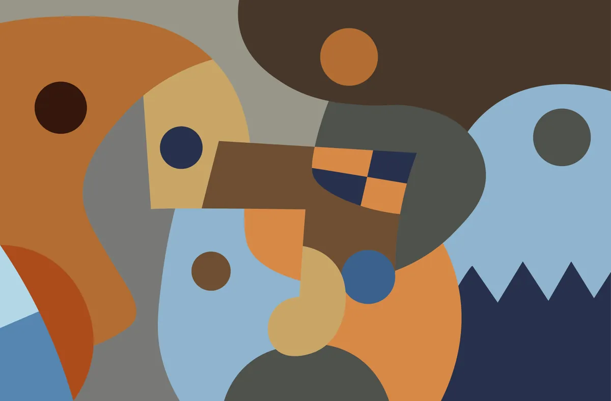 Mid-century abstract faces and geometric shapes in ochre, blue and grey