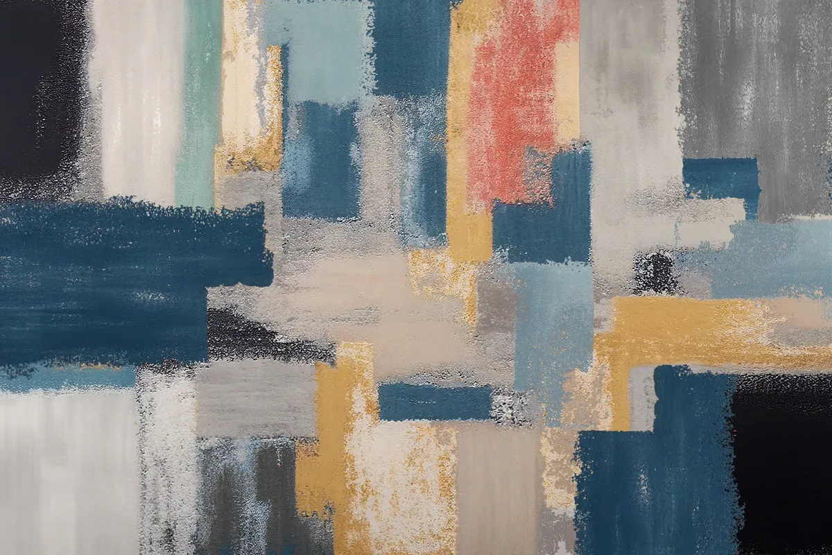 Modernist abstract artwork with navy, cream, ochre and coral blocks