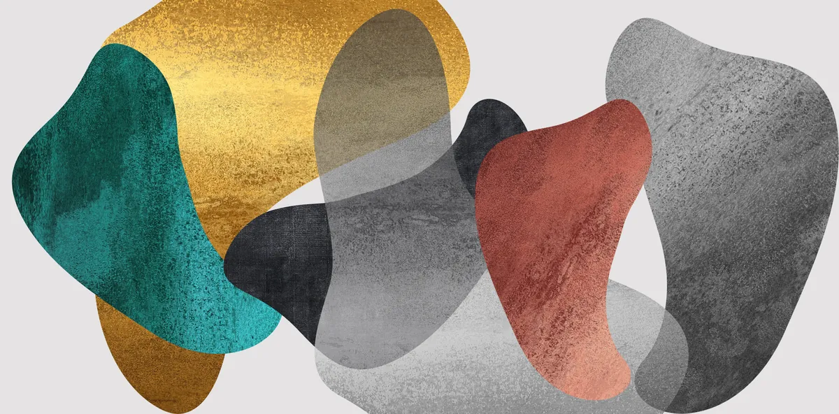 Abstract layered sculptural forms in teal, gold, black and coral