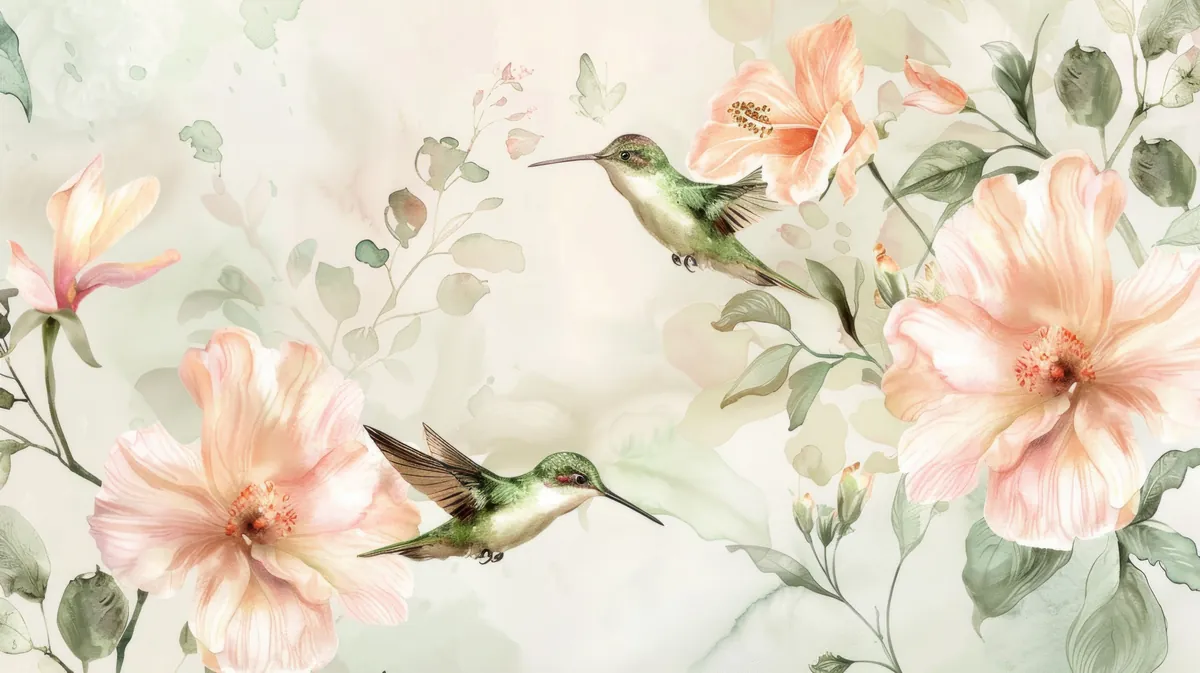 Delicate pink flowers and hummingbirds on a pale botanical background