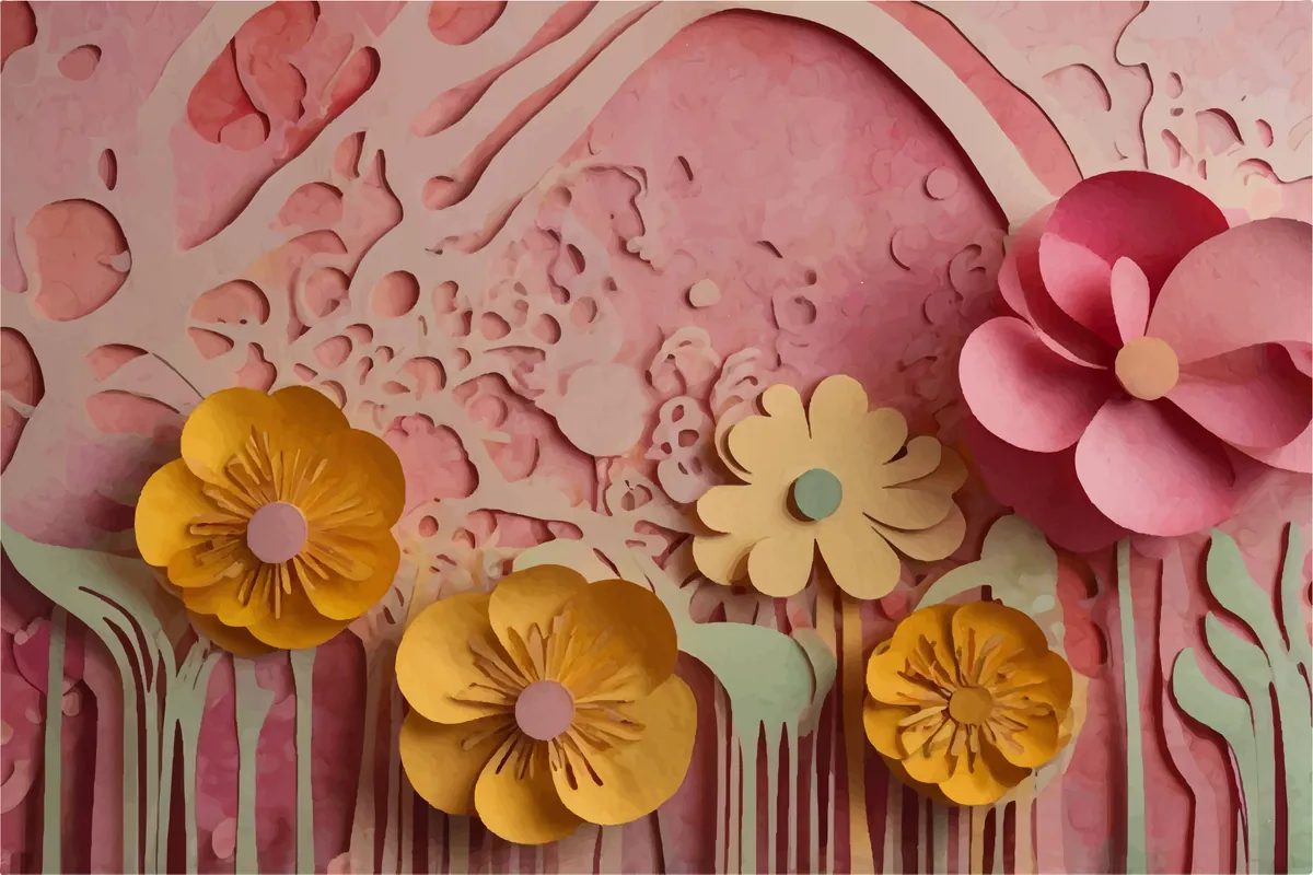 Layered pink paper poppies with yellow and coral flowers