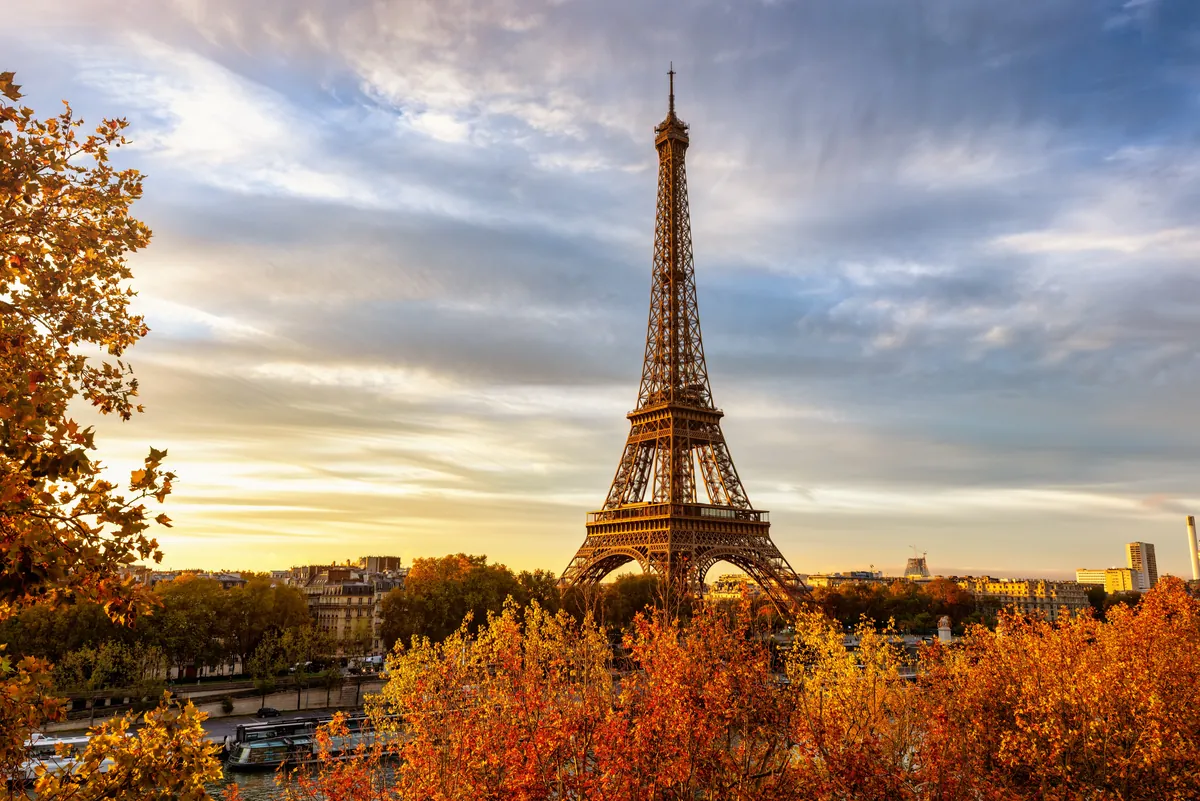 Eiffel Tower framed by autumn trees at sunset