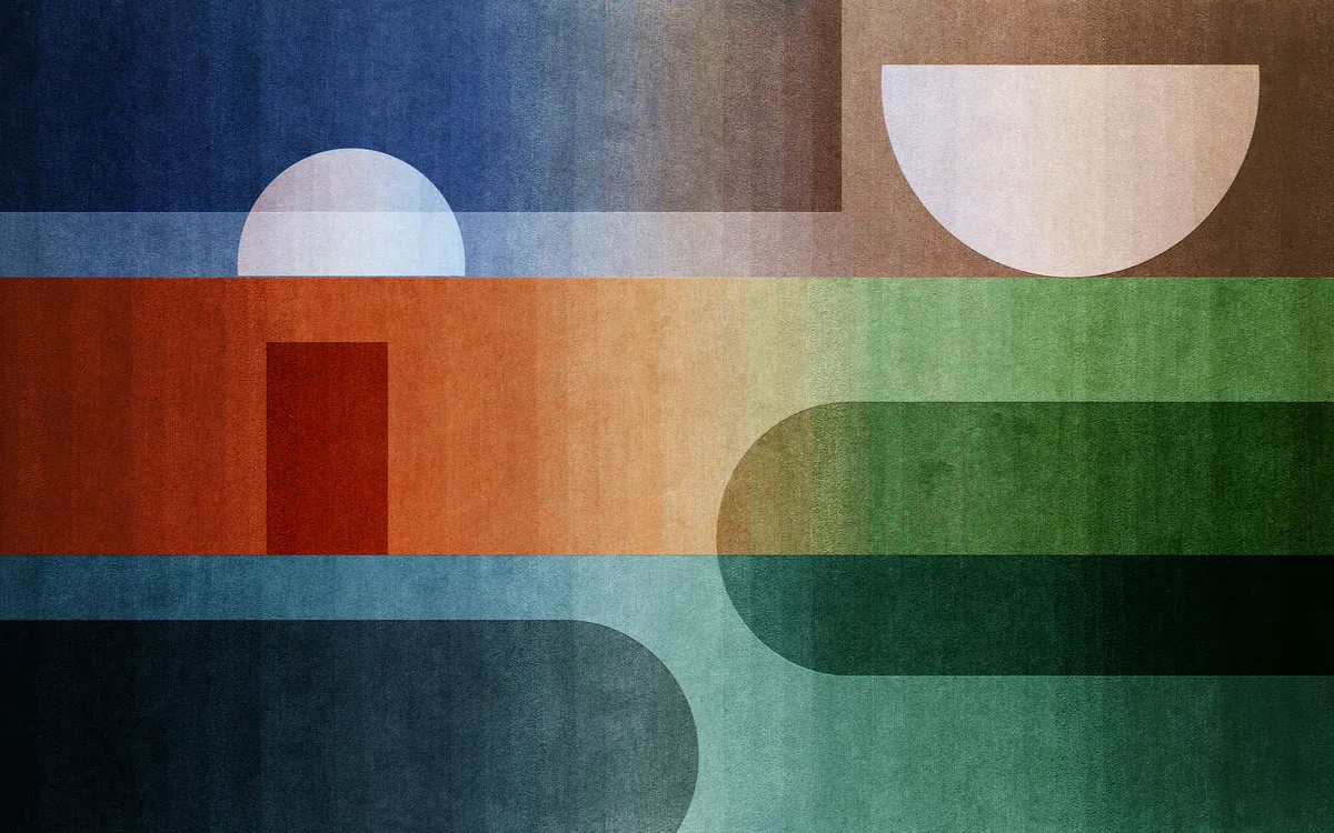 Geometric colourfield composition in navy, rust, cream and green