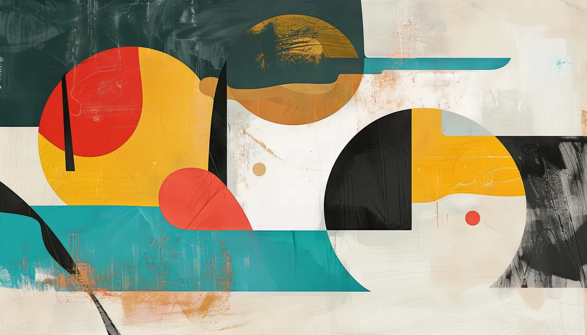 Modern mid-century abstract shapes in red, teal, yellow and black