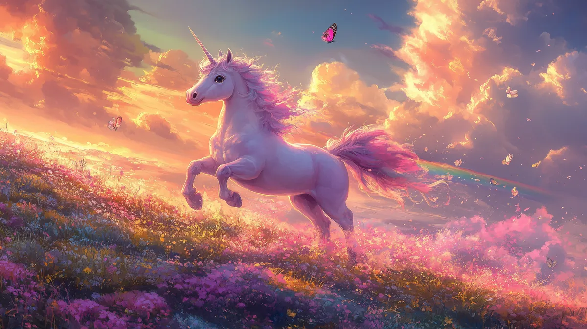 Fantasy unicorn in a glowing flower meadow at sunset