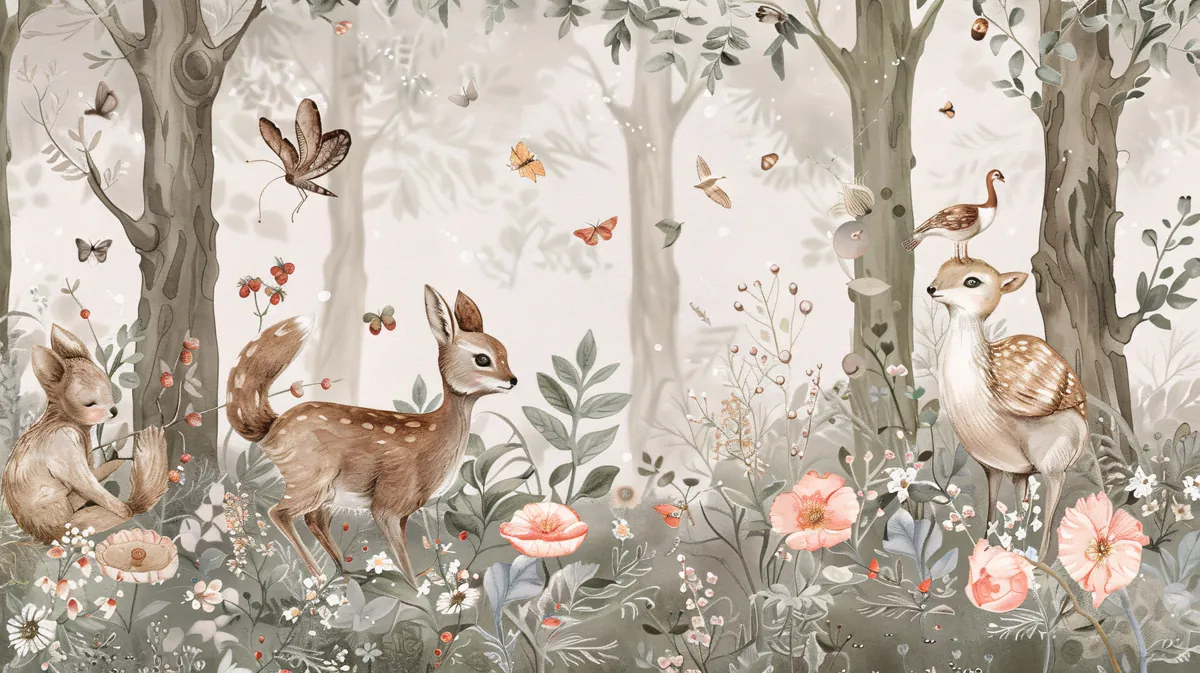 Woodland animals in a soft fairytale forest