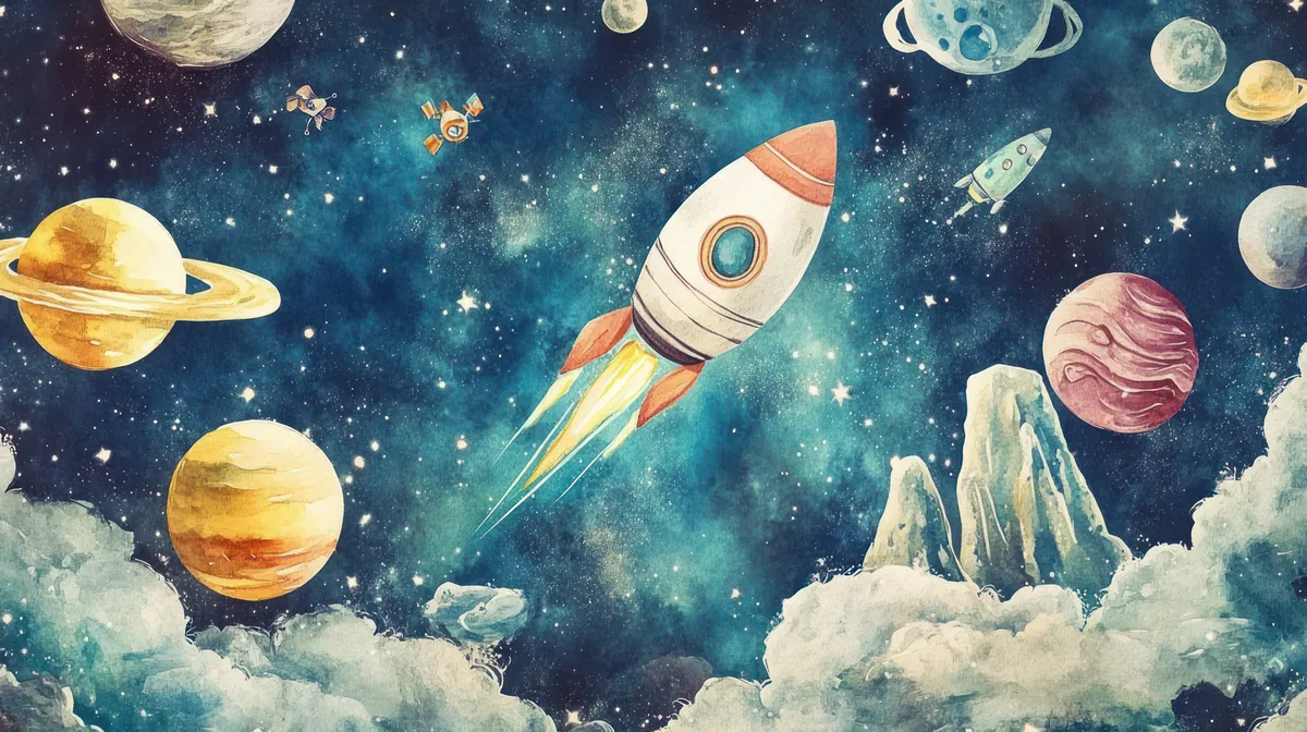 Watercolour space adventure with rocket, planets and clouds