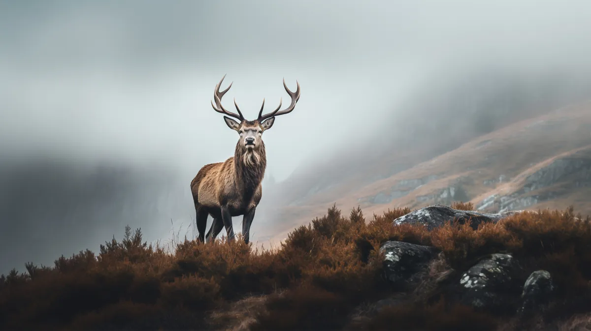 Wild stag standing against a misty mountain landscape