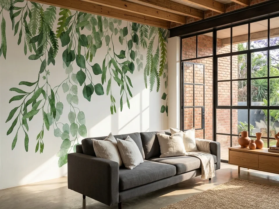 Watercolour eucalyptus design across a lounge wall, ending at a steel-framed window