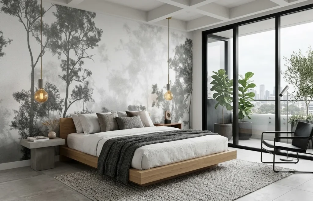 Monochrome forest wallpaper in a contemporary bedroom