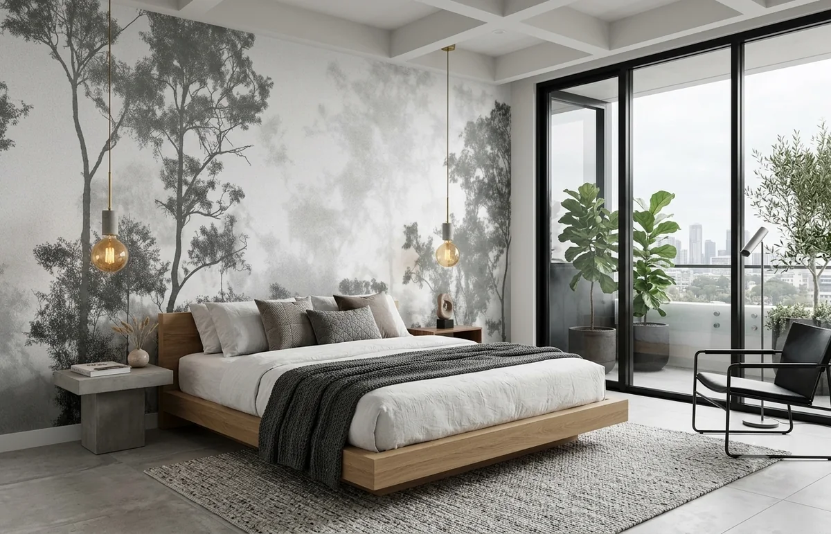 Soft grey forest mural across a bedroom wall, wrapping past the bed and meeting a coffered ceiling