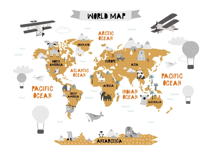 Illustrated world map with aeroplanes and hot-air balloons