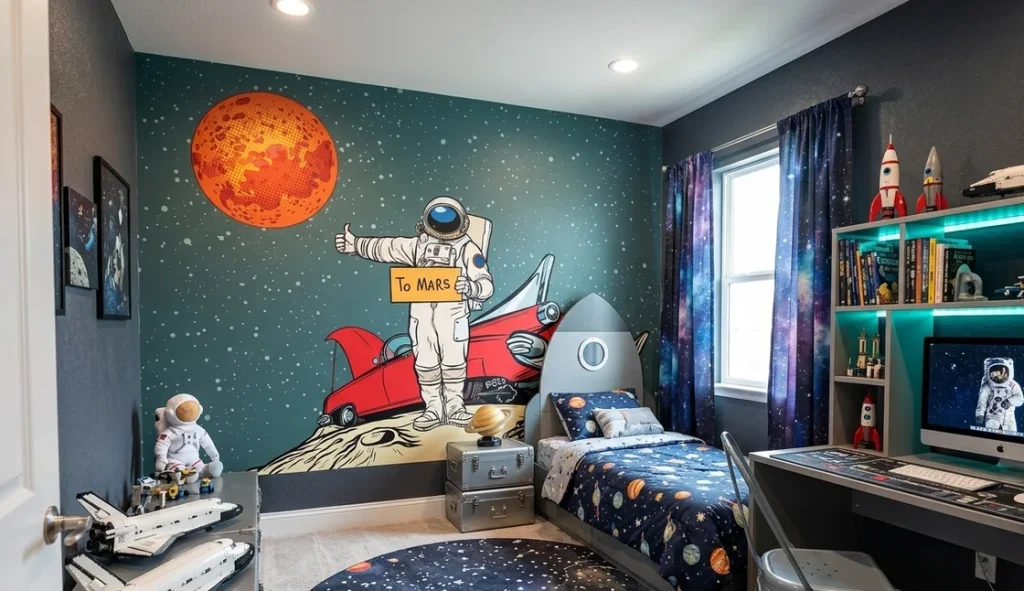Space-themed wallpaper in a child’s bedroom