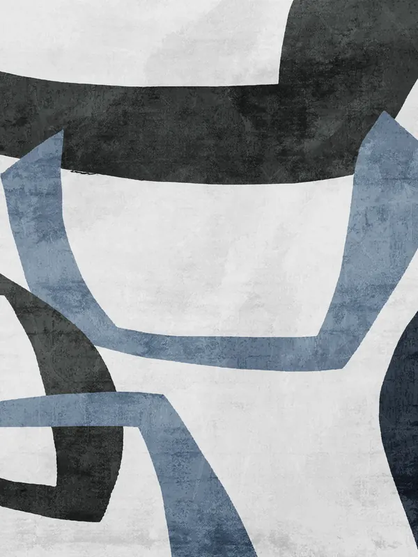 Abstract design of broad brushed arches in charcoal and dusty blue on pale grey