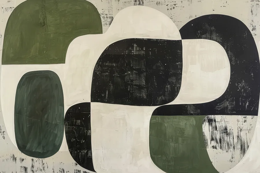 Abstract artwork in olive green, black and cream shown as a stretched canvas print
