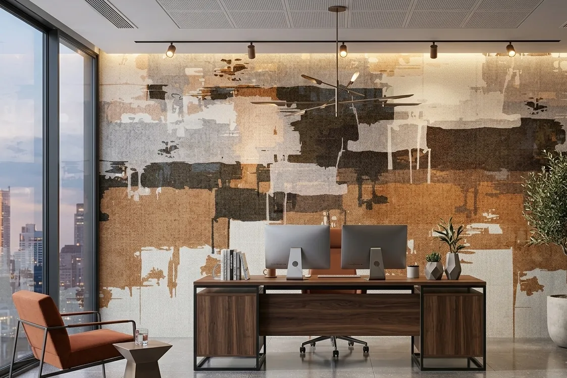 Executive office with a layered abstract mural in copper, charcoal and white behind the desk