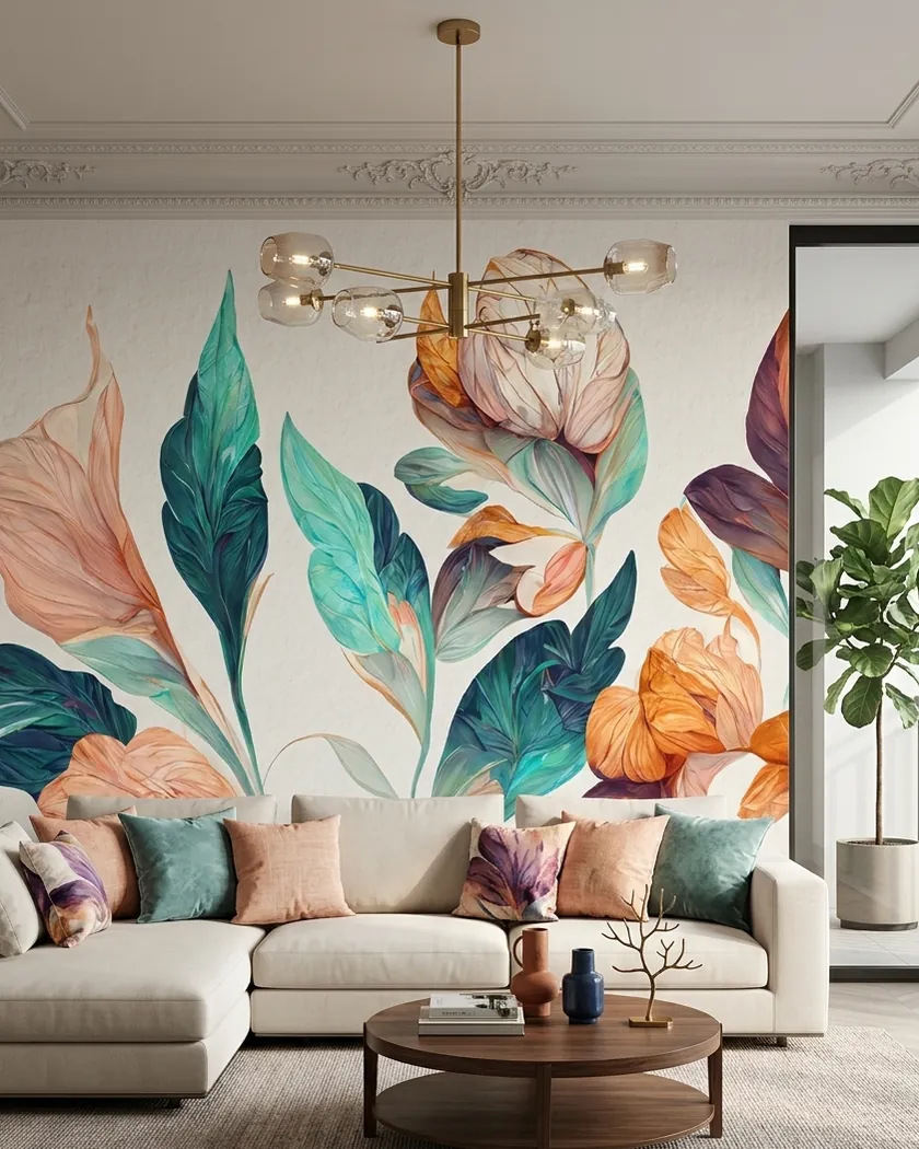 Oversized botanical wallpaper with teal and coral leaves behind a lounge sofa