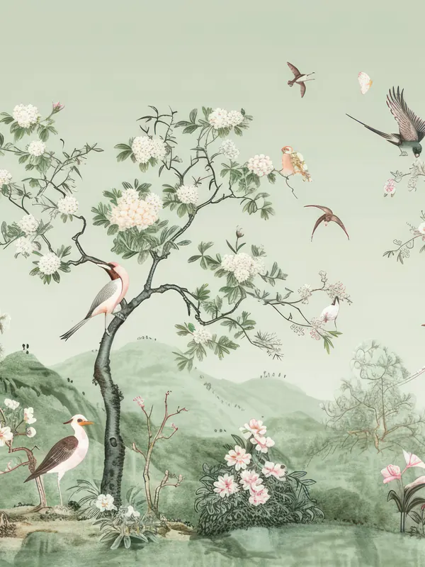 Chinoiserie-style mural with blossom trees and birds on a sage green background