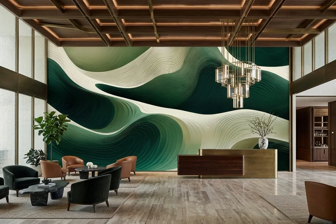 Double-volume reception area with a sweeping green and cream wave mural behind the front desk