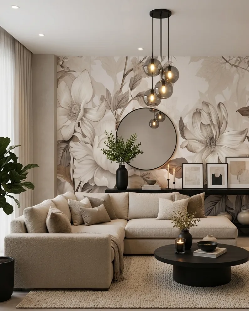 Large-scale neutral floral wallpaper filling the wall behind a cream corner sofa and round mirror