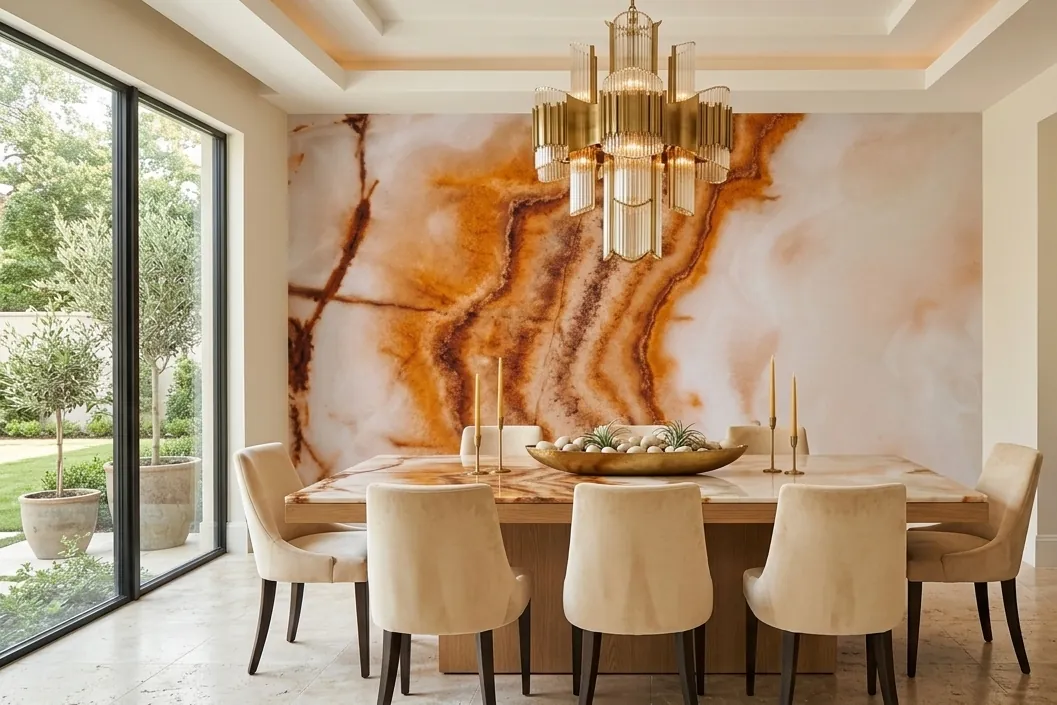 Dining room with an amber onyx stone-effect mural behind a table and gold chandelier