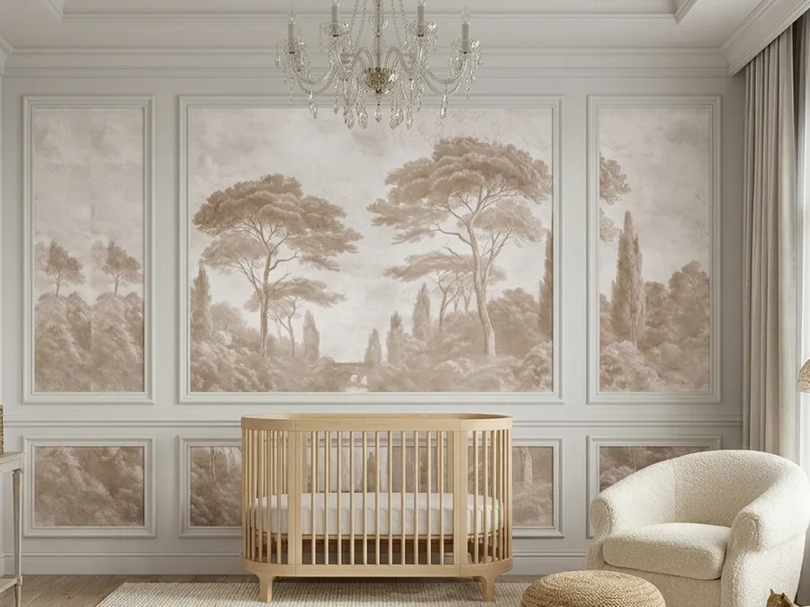 Framed panel mouldings on a nursery wall, with scenic tree wallpaper set inside the panels