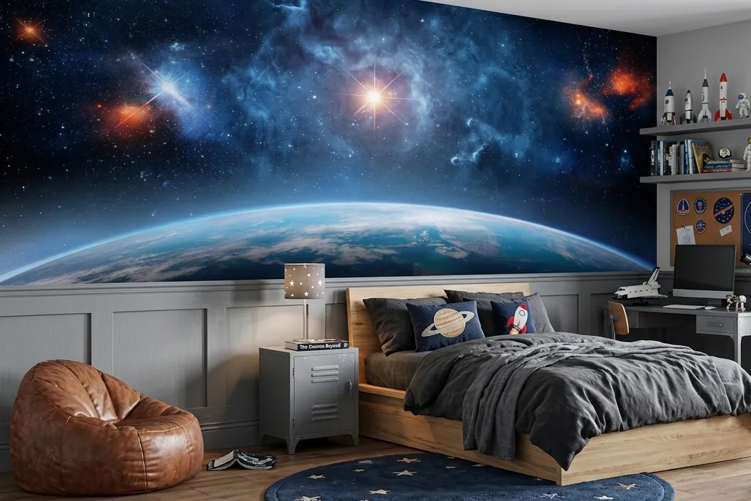 Child's bedroom with a galaxy and planet Earth mural above grey wall panelling