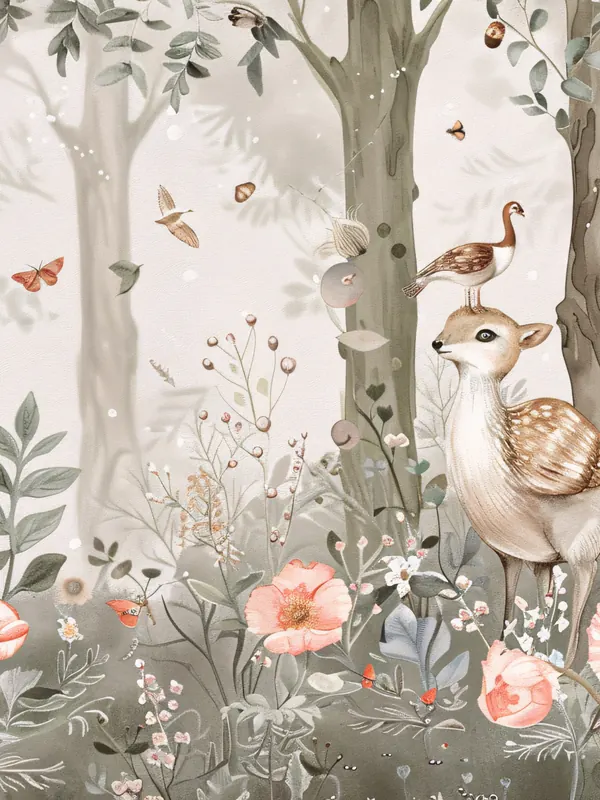 Soft illustrated woodland mural with a fawn, birds and pink flowers for a child's room